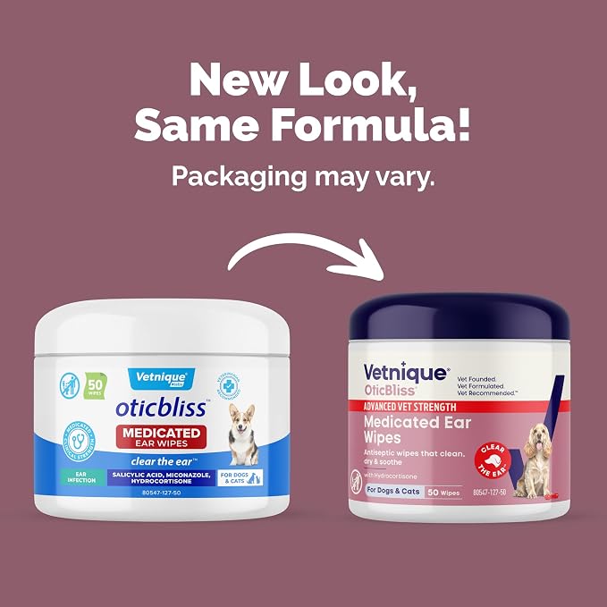 Vetnique Oticbliss Medicated Dog Ear Wipes, Dog & Cat Ear Cleaner Yeast, & Ear Infection Treatment with Hydrocortisone, Antibacterial & Antifungal for Itchy Ears (Medicated Ear Wipes)