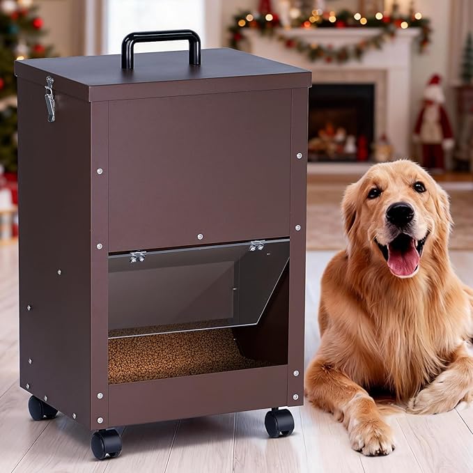 Automatic Dog Feeder Large Breed 45lb Outdoor Dog Food Dispenser for Large Dogs Self Feeding Galvanized Metal Dogs Pets Feeder Gravity Food Feed with Wheels (Brown)