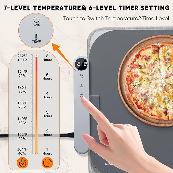 Homelove Warming Mat for Food - Electric Warming Tray with 7-Level Temperature and 6-Level Hours Setting, Full Surface Heating, Waterproof Dishwasher-Friendly Food Warmer for Parties, Kitchen (Grey)