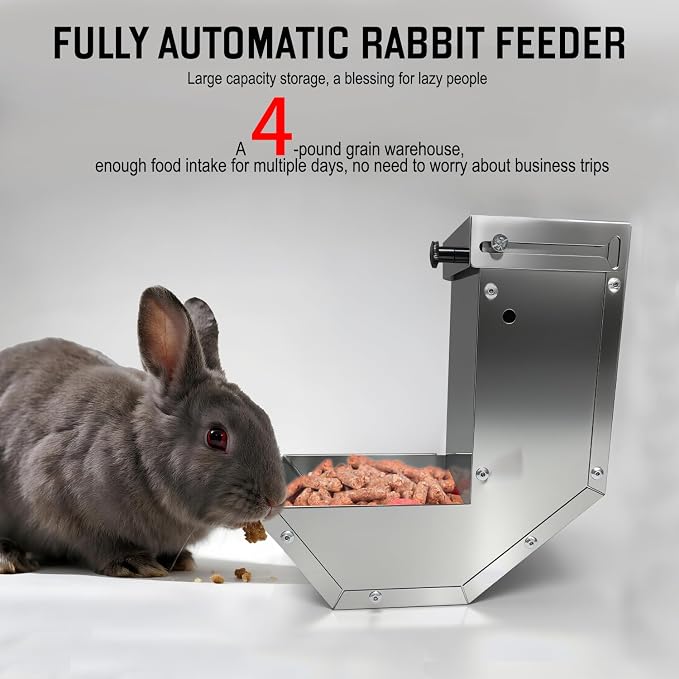 Small Animal Feeder for Rabbits - Stainless Steel Gravity Feeding with Sliding Lid, Anti-Corrosion, Durable for Outdoor & Indoor Cage Use, Holds Several Days' Food (2 Pcs)