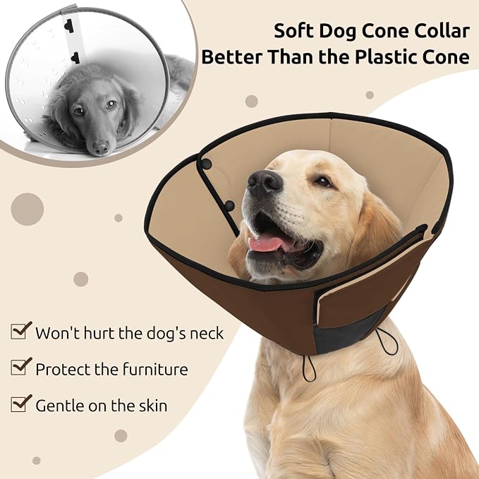 Queenmore Dog Cones for Small Dogs, Soft Cone for Dogs After Surgery, Adjustable Comfy Cone for Dogs & Cats, Comfortable Pet Cone After Surgery for Wound Healing, Brown S