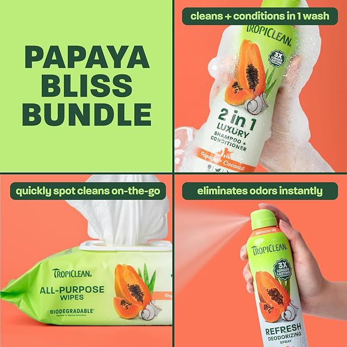 TropiClean Dog Grooming Kit, Papaya Pamper Pack (2-in-1 Dog Shampoo and Conditioner 20oz, Dog Perfume 12oz, Dog Wipes 100ct)