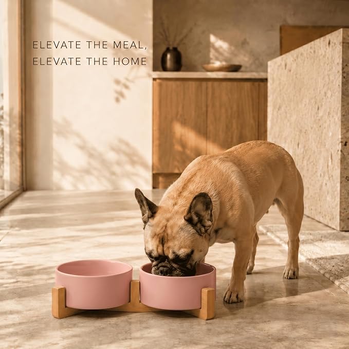 SPUNKYJUNKY Ceramic Dog and Cat Bowl with Wood Stand Non-Slip Matte Glaze Weighted Food Water Set for Cat Medium Dog 28.7 OZ