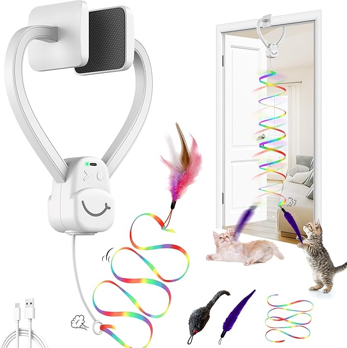 Interactive Cat Toy for Indoor Cats Automatic Hanging Door Frame Toy | Cat Toy with Feather Mouse String 360° Rotating USB Rechargeable Self Play Kitten Toy for Hunting Instinct Cat Boredom Relief
