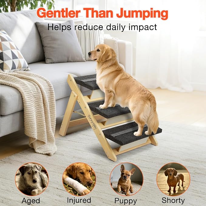 Wooden Dog Stairs& Dog Steps, 2-in-1 Foldable Dog Steps for Beds, Couch and Cars, Anti-Slip Pet Ramp with 3 Steps Indoor Pet Stairs for Small Medium Large Older Pet Cats up to 120lbs