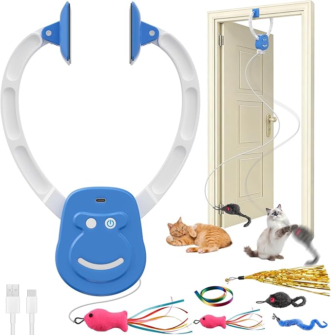 Automatic Cat Toy for Indoor Cats, Interactive Door Hanging Cat Toy with Smart Touch Restart, USB-C Rechargeable 360° Rotating Flying Bird Teaser for Kittens & Adult Cats, Blue