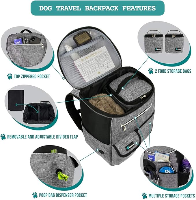 PetAmi Dog Travel Bag Backpack, 27L Airline Approved Pet Supplies Organizer with 2 Food Containers, 2 Collapsible Bowls & Poop Bag Dispenser, Weekend Road Trip Camping Dog Mom Gift, Gray