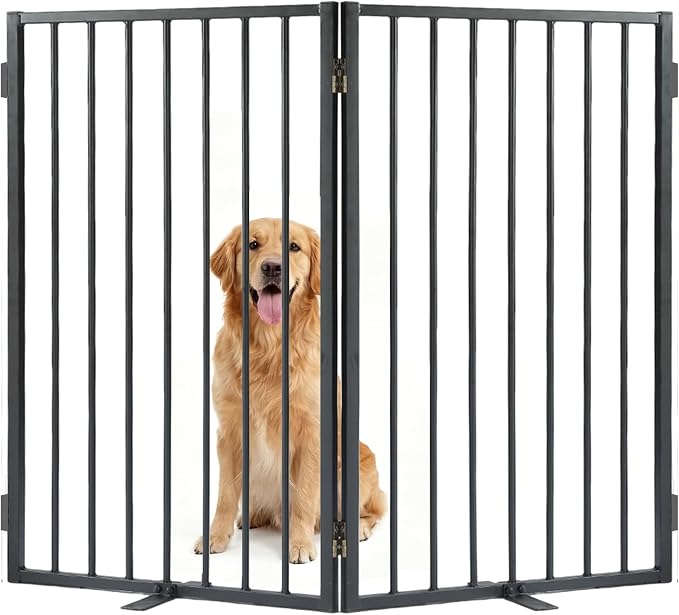 Full Metal Freestanding Dog Gate with Cat Door for Outdoor & Indoor,40" Extra Wide Foldable Pet Fence,30" Tall Free Standing Dog Gate for RV Camping,Stairs,Hallways,Doorways,Deck,Yard (2 Panels,Black)