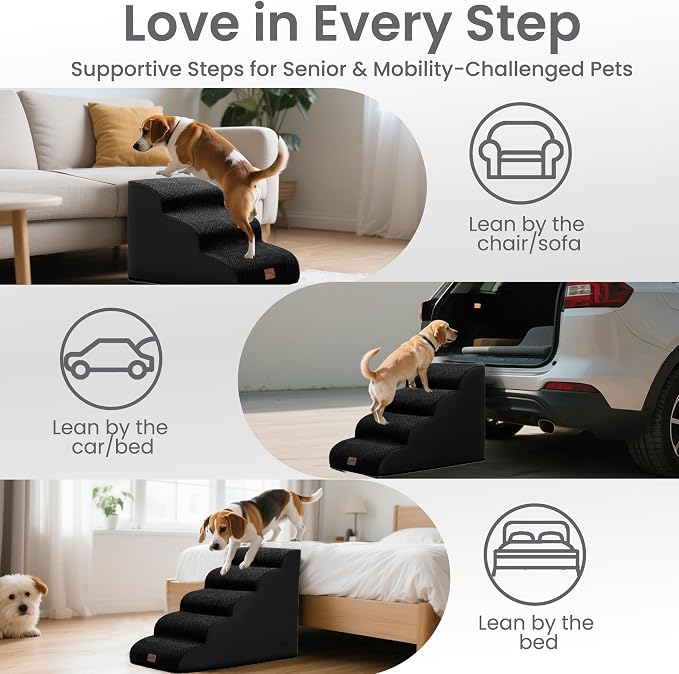 GoGoBunny Waterproof High Density Foam Curved Dog Stairs for High Beds Couches 19.7" H, 4-Step Ramp Dog Steps Friendly to Small Medium Dogs or Pets Joints, Non-Slip Balanced Durable Pet Step, Black