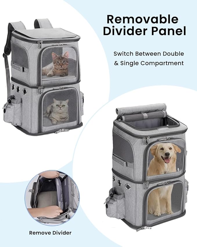 HOVONO Double-Compartment Pet Carrier Backpack for Small Cats and Dogs, Cat Travel Carrier for 2 Cats, Perfect for Traveling/Hiking/Camping, Grey