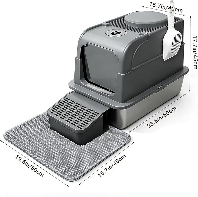 Stainless Steel Cat Litter Box with Lid, Large Enclosed Litter Box for Large Cats, High Sided Metal Cat Box with Two-Way Door & Anti-Scratch Scoop, Anti-Leakage Design, Silver