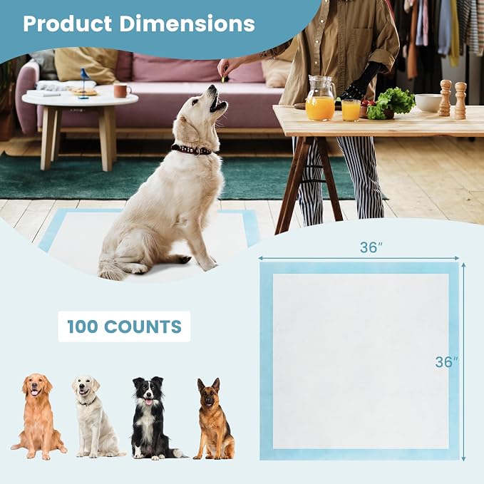 PETSITE Dog and Puppy Pee Pads, 6-Layer Leak-Proof Super Absorbent, Quick-Dry Surface, Indoor Outdoor Disposable Potty Training Pads, Blue & White (36" x 36" (100 Count))