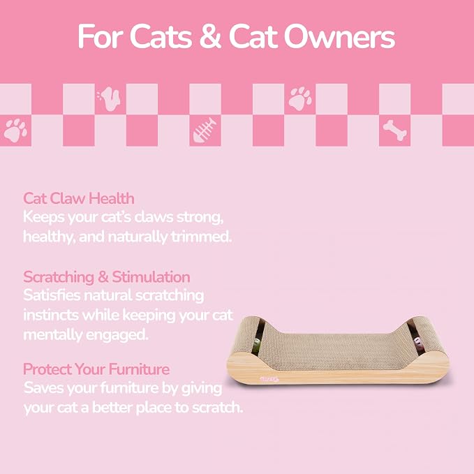 Rini 23.75" Modern Cardboard Cat Scratcher Lounge Bed with Built-in Bell Toys and Catnip, Ergonomic Curved Sofa Design, Oak Wood Finish CSR1003C