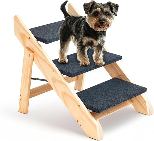 Wood Pet Stairs/Steps, 2-in-1 Foldable Dog Steps for Bed, Sofa, Couch and Cars, 3 Levels Dog/Cat Ladder & Ramp for Small Medium Large Pet, Wooden Frame Support Up to 110 lbs, Light Yellow