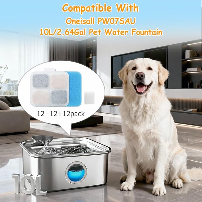 16 Set Replacement Filters for Oneisall PW07SAU 10L/2.64Gal Stainless Steel Dog Water Fountain, Includes 16 Filters & 16Pre-Filters & 16 Pump Sponges