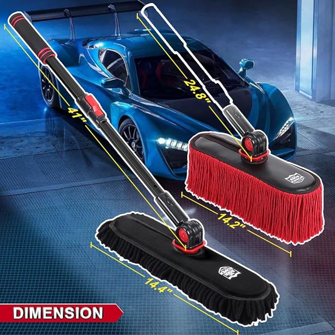 Car Cleaning Supplies Duster, 2In1 Brush for Car Exterior, Chenille Car Wash Brush Mop & Wax Cotton Car Duster Mop, Remove Dust, Retractable Steel Pole for Boat Truck RV, Gifts for Men Women