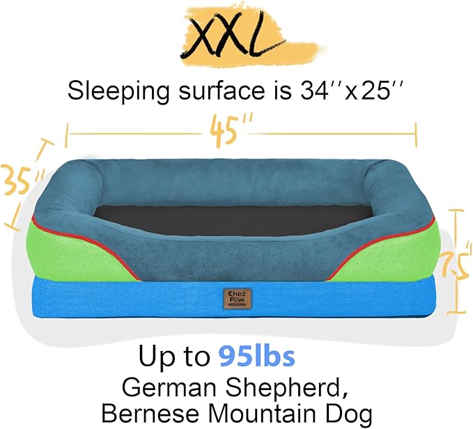 Chez Paw XXL Orthopedic Dog Bed for Extra Large Dogs, Extra Thick Egg-Crate Foam Waterproof Pet Couch with Removable Washable Cover, 4-Sided Bolster & Non-Slip Bottom, Blue Lime 45"x35"x7.5"