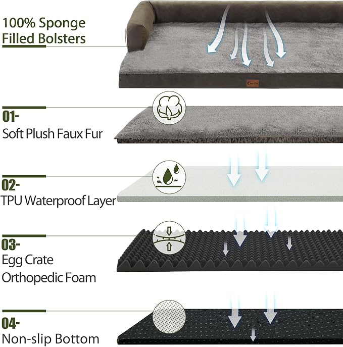 Orthopedic Dog Beds for Large Medium Sized Dogs, Waterproof Egg Crate Foam Large Dog Couch Beds with Comfy Bolster 36x27Inch, Washable Pet Beds with Removable Cover, Dark Green