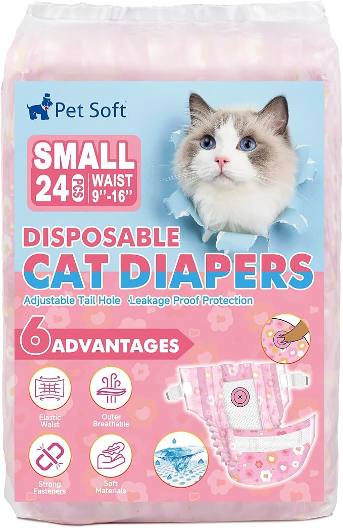 Pet Soft Disposable Cat Diapers - Diaper for Female & Male Cats, Puppy Doggie Diapers for Female Dogs with Adjustable Foam Tail Hole, Small (24Pcs, PK Flowers)