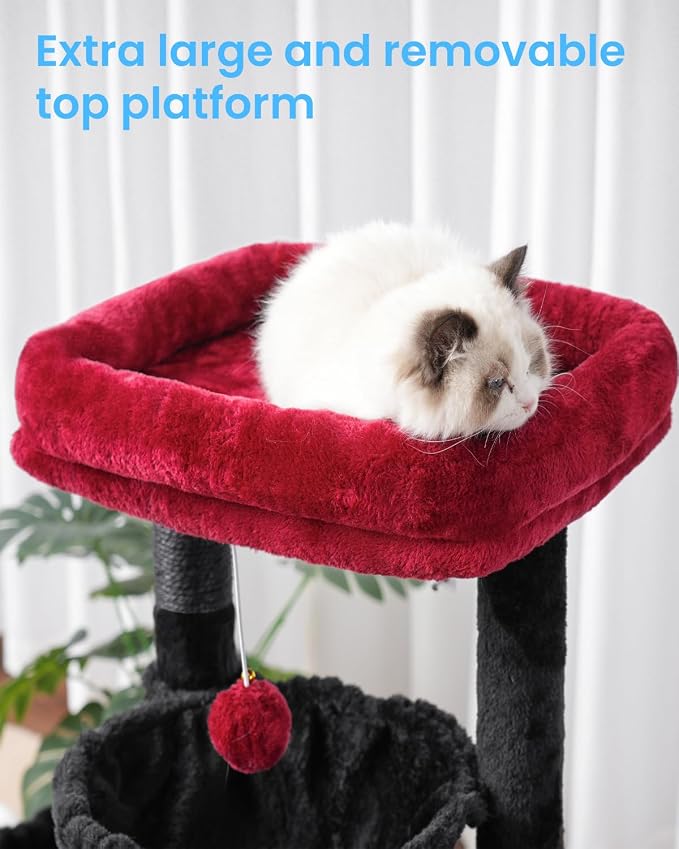 Hey-brother Gothic Cat Tree, Cat Tower for Indoor Cats, Cat House with Large Padded Bed, Cozy Condo, Hammocks, Sisal Scratching Posts, Big Scratcher, Black and Red MPJ006SBR