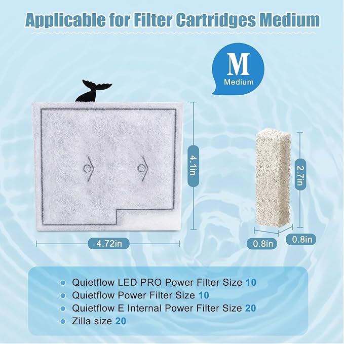 18pcs Medium Filters Cartridges+ 14pcs Ammonia Reducer Filter Pads Compatible with QuietFlow LED PRO Power Filter Size 10 & E Internal Power Size 20 & Zilla Size 20