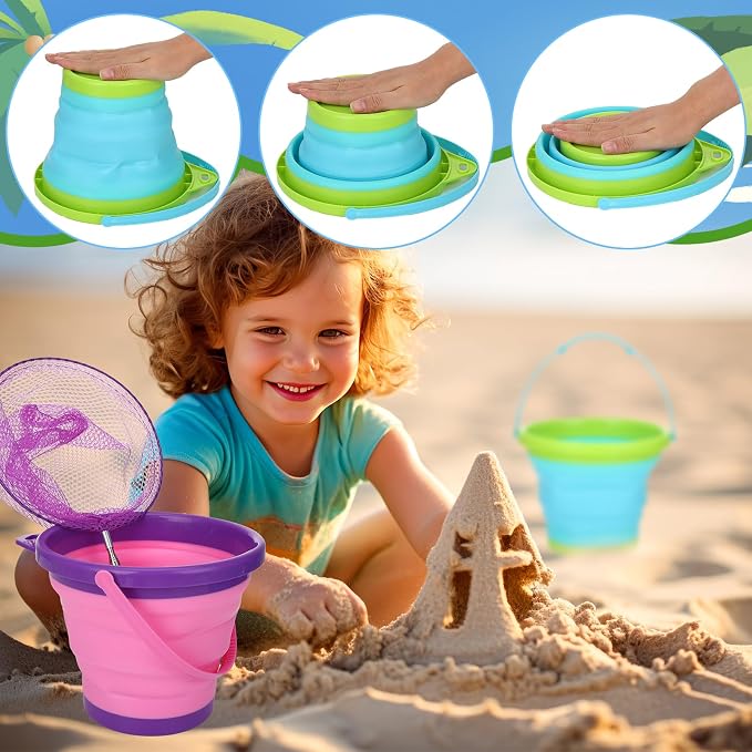 2 Pack Telescopic Kids Fishing Net with Handle, 2 Collapsible Bucket Sand Pail, Stainless Steel Foldable Fishing Net Small Fishing Butterfly Bug Net Beach Shovel with Storage Bag