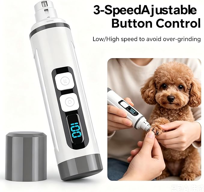 Dog Nail Grinder Quiet- 3-Speed Dog & Cat Nail Grinder with LED Light & Battery Display & Upgrade Grinding Head - Painless Nail Trimmer for Small to Large Pets, Thick Nails, and Sensitive Paws