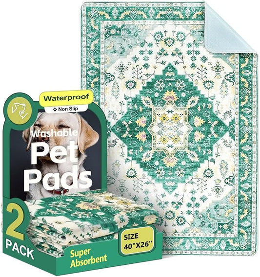 Washable Pee Pads for Dogs 2 Pack Reusable Puppy Training Pads 40"x26" Super Absorbent Waterproof Dog Training Pads, Non-Slip Potty Pads Whelping Pads Litter Mat Pet Supplies - Green Medallion