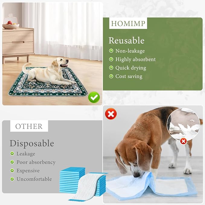 Homimp Washable Pee Pads for Dogs, 2 Pack Reusable Puppy Pads Waterproof, Absorbent and Leakproof Dog Pee Pads, Non Slip Puppy Training Pads, Pet Mat for Floor, Crate, Couch, Whelping,Green, 24"x36"