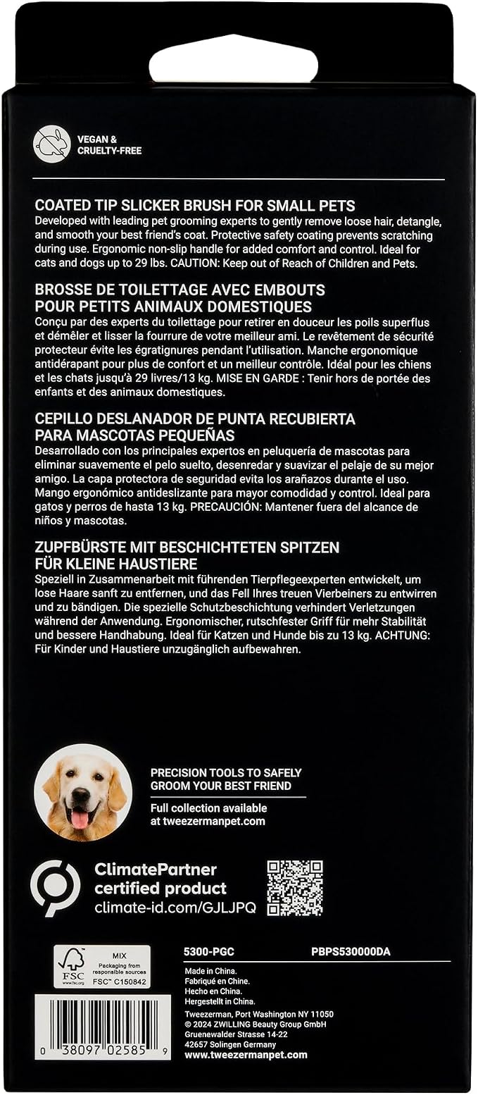 Tweezerman Dog and Cat Slicker Brush for Pets, Grooming Brush with Coated Bristles to Prevent Scratching and Ergonomic Handle