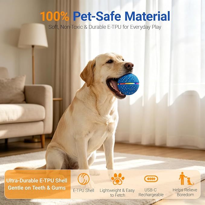 Interactive Dog Ball Toy for Small Medium Dogs – Automatic Rolling, Bouncing & Moving Dog Toy with LED Lights, 2-in-1 Fetch Toy, Durable E-TPU, USB Rechargeable (2.8” Blue)