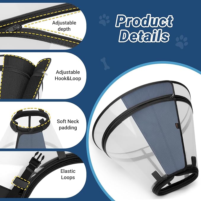 Dog Cone to Stop Licking, Clear Recovery Collar with Detachable Zipper, Sturdy Elizabethan Collar for Large Medium Small Dogs, Soft Adjustable Cone After Surgery Patented, Black M