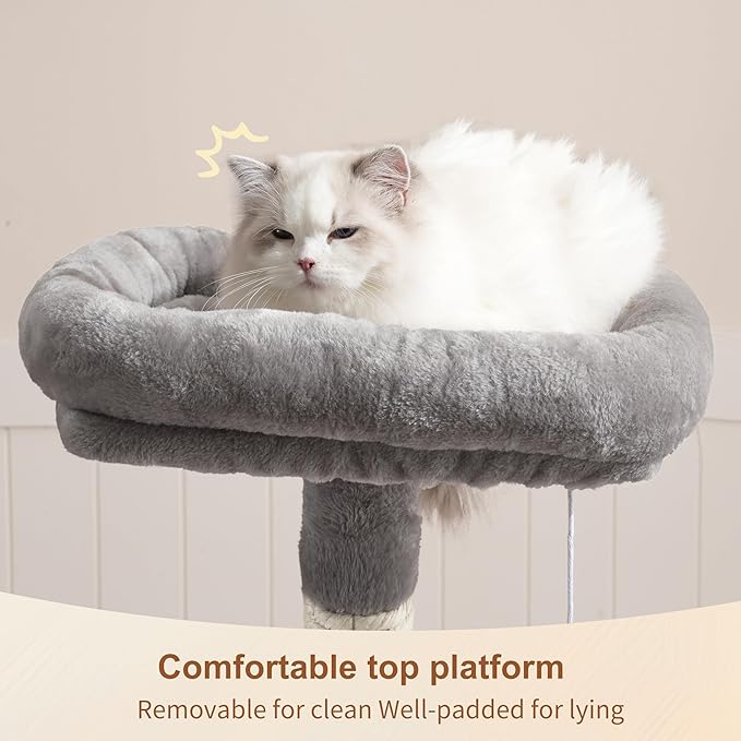 Heybly Cat Tree with Toy, Cat Tower condo for Indoor Cats, Cat House with Padded Plush Perch, Cozy Hammock and Sisal Scratching Posts, Light Gray HCT004SW
