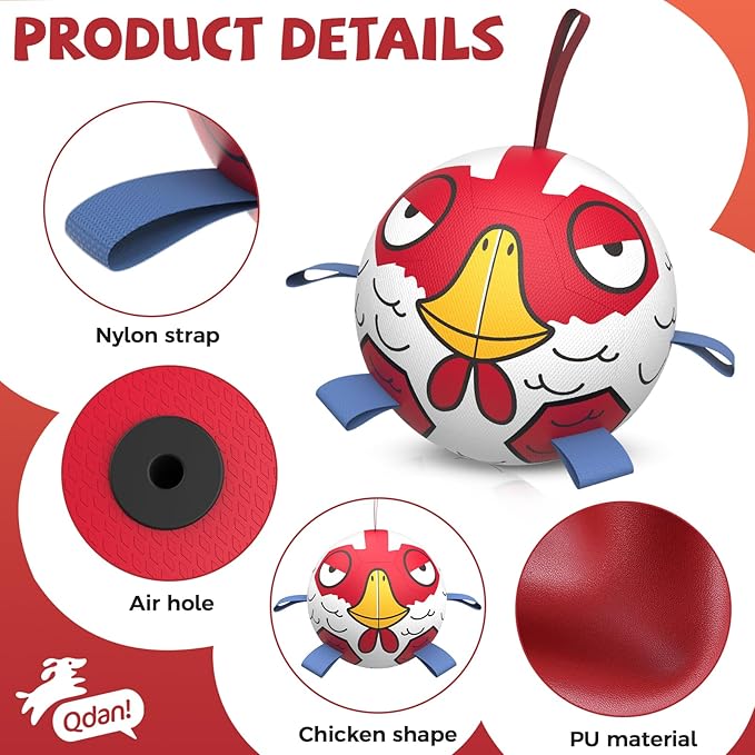 QDAN Chicken Dog Toys Soccer Ball with Straps, Interactive Dog Toys for Tug of War, Puppy Birthday Gifts, Tug Toy, Dogs Water Toy, Durable Dogs Balls for Dog（8 Inch）