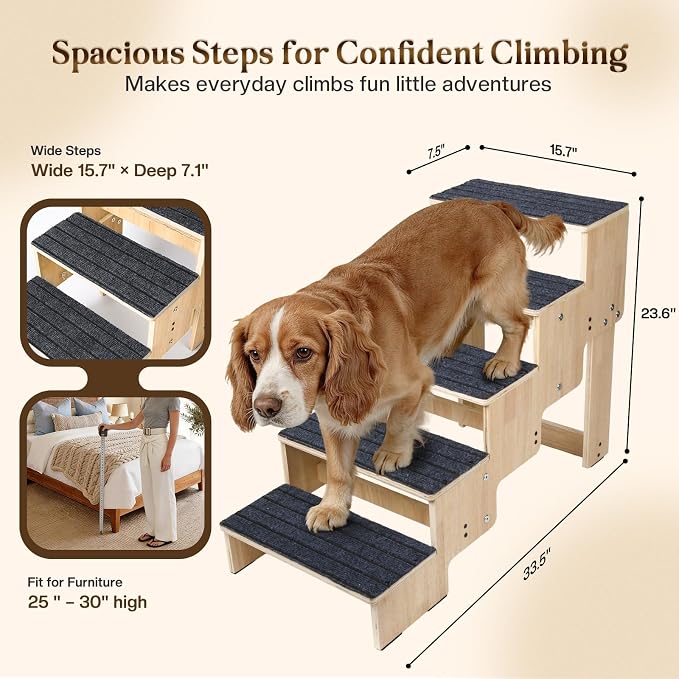 5-Step Wooden Dog Steps for Bed, Anti-Slip Dog Stairs with Carpet Pads, 23.6 Inches Pet Ramp for Dogs to Get on Bed, Pet Stairs for Old & Senior Dogs/Cats, Pet Steps Ladder for High Beds/Couch Sofa