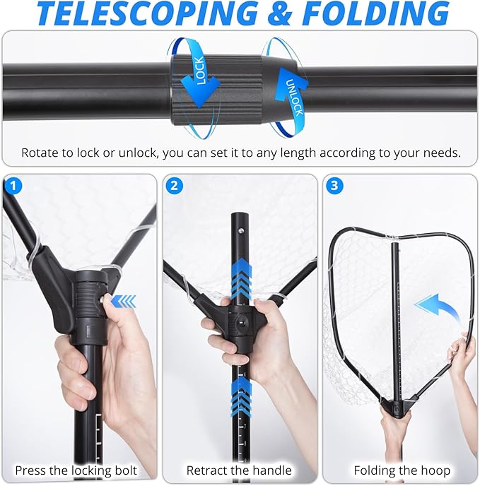 Long Collapsible Landing Net, Large Fishing Net with Telescoping Handle, Foldable, Extendable, Lightweight & Strong, Fish Net with Fish-Friendly Mesh for a Safe Release