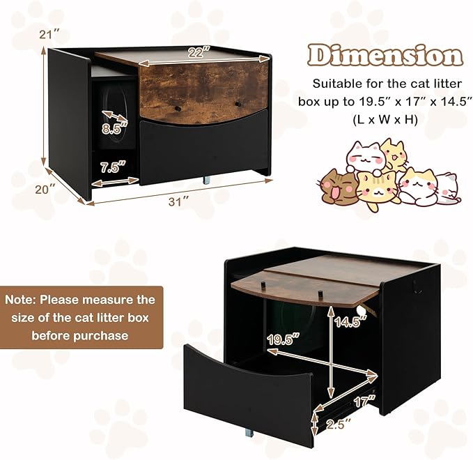 PETSITE Cat Litter Box Enclosure w/Pull-Out Drawer, Hidden Cat Washroom Furniture w/Flip Door, Rolling Caster, Indoor Cat House for Small to Large Sized Cats, Wooden Pet House Side Cabinet