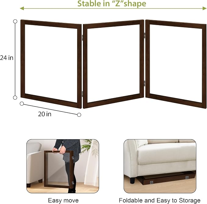 LZRS Clear Dog Gate for Indoor Use - Transparent Pet Fence with Solid Hardwood and Plastic Board, Stylish & Durable freestanding Pet Gate for Doorways, Stairs and Hallways-3 Panel Brown