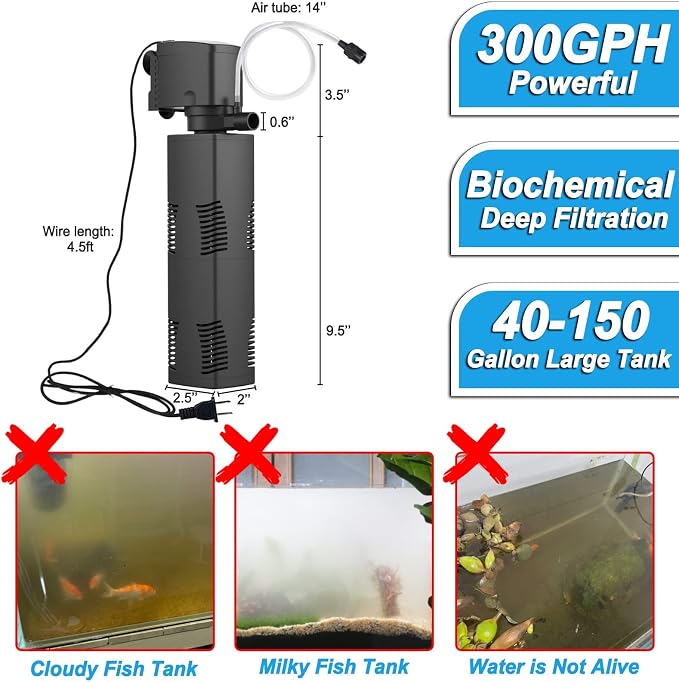 TARARIUM Aquarium Filter for 55-150 Gal. Tank Crystal 300GPH Biochemical Filtration Powerful Pump Submersible Internal Fish Tank Filters Large Tank Pond Clear Wavemaker Air Supply 4 in 1