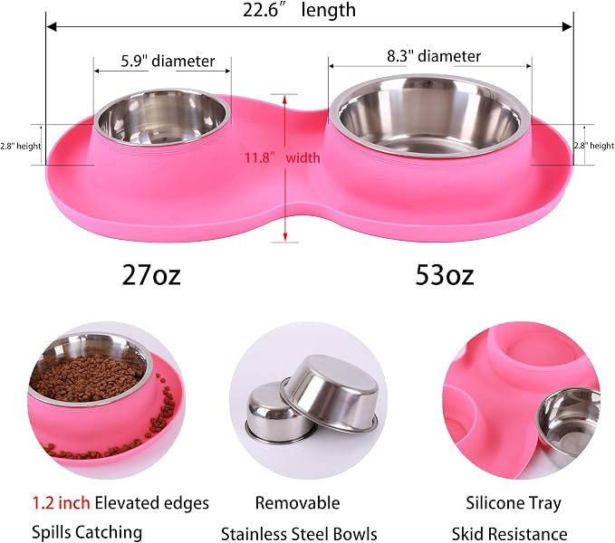 100% Waterproof BPA Free Pet Dog Bowls2 Stainless Steel（53oz+27oz） with 1.35“ Raised Edge Silicone Mat + Slow Feed Dog Water and Food Bowls for Feeding Large Dogs Cats Puppies (Pink)