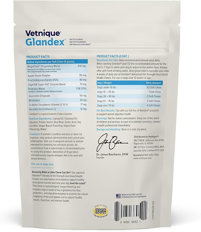 Vetnique Glandex Anal Gland Health Soft Chew Treats with Pumpkin for Dogs Digestive Enzymes, Probiotics Fiber Supplement for Dogs Boot The Scoot (Advanced Strength Duck/Bacon, 30 Count)