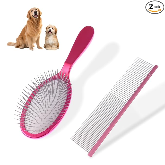 2PCS Slicker Brush for Dogs, Professional Pet Grooming Brush, 27mm Oval Stainless Steel Pin, Sparkle Glitter Handle, Anti-Static Round-Tipped Pins, Gentle Massage & Shedding Comb for Long Haired Dogs