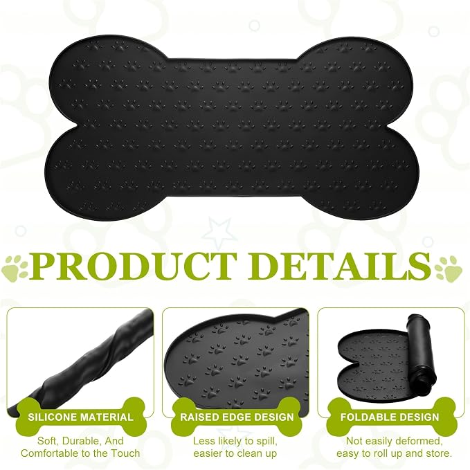 Dog Food Mat, 26x13 Inch Silicone Pet Feeding Mat Non-Slip Bone Shaped Waterproof Dog Water Bowl Tray Raised Edge Protects Floors (Black), Intended for Pets Bowl/Fountain