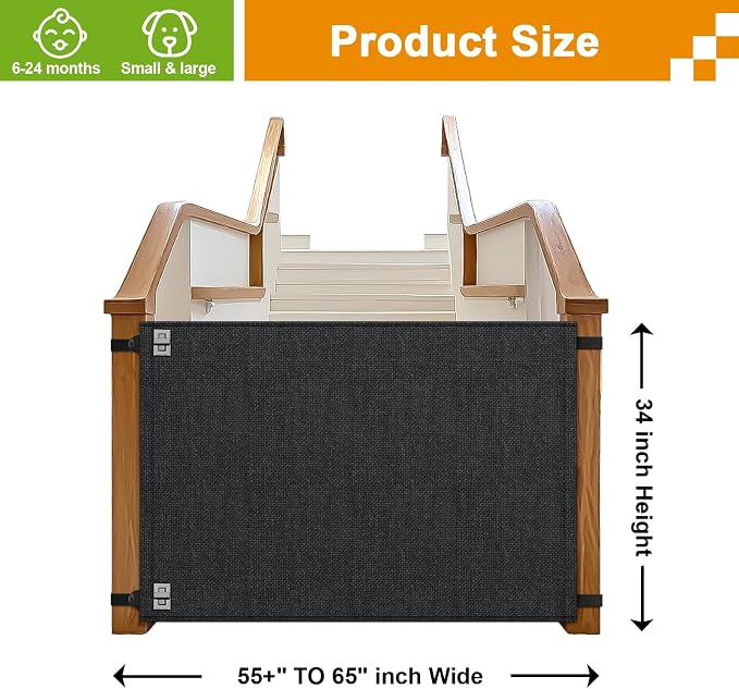 Baby Fabric Gate for Stairs Banisters - Dog and Pet Safety Barrier Gates for Stairway - No Drill Banister to Banister Baby Kids Gates for Stairs (Dark Gray, Wide 55" to 65" Height 34")