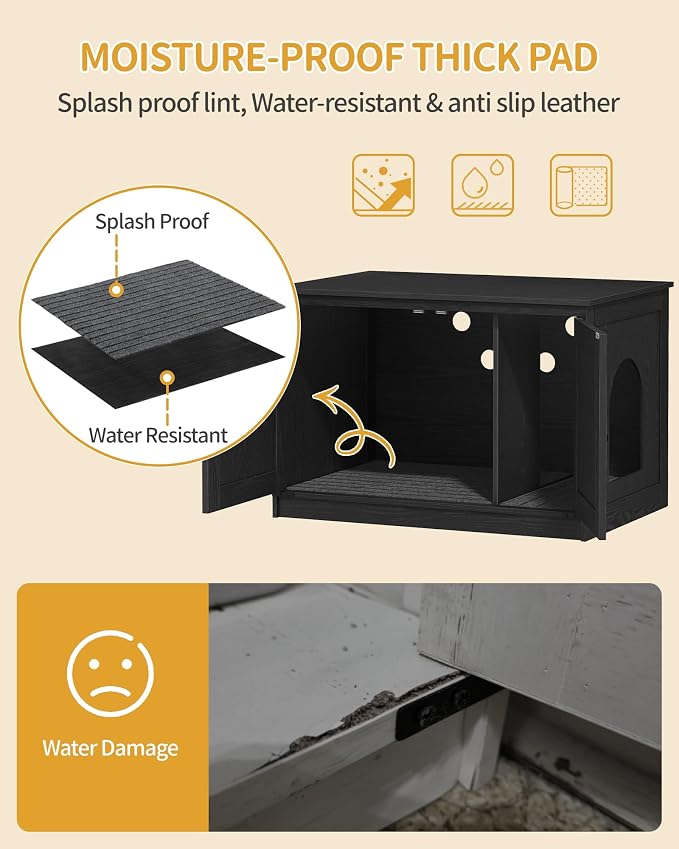 Hzuaneri Cat Litter Box Enclosure with Cushion, Hidden Litter Box Furniture with Removable Dividers, Reversible Entrance Left or Right Side, Cat House, Black CB84604X