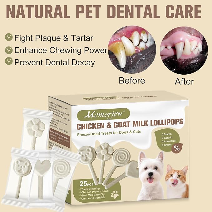 Memorjew 25PCS Chicken & Goat Milk Freeze- Dried Lollipops｜Individually Wrapped, Portable Dental Food for Dogs & Cats (Goat Milk Flavor, 25pcs)