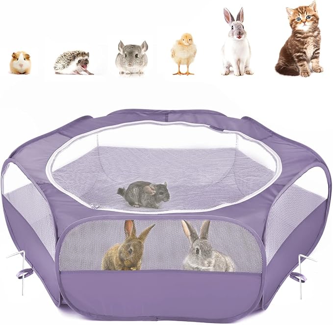 Pawaboo Small Animals Playpen, Waterproof Small Pet Cage Tent with Zippered Cover, Portable Outdoor Yard Fence with 3 Metal Rod for Chick/Kitten/Puppy/Guinea Pig/Rabbits/Hamster/Chinchillas, Purple