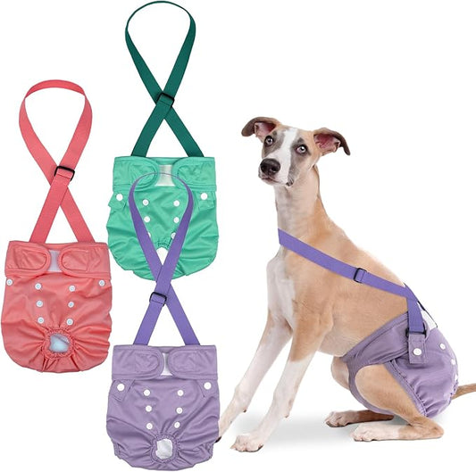 Pet Soft Dog Diapers Female with Suspenders, 3 Pack Reusable Female Dog Diapers for Heat, Dog Period Panties for Doggie in Cycle(Large, Pinkycolor)