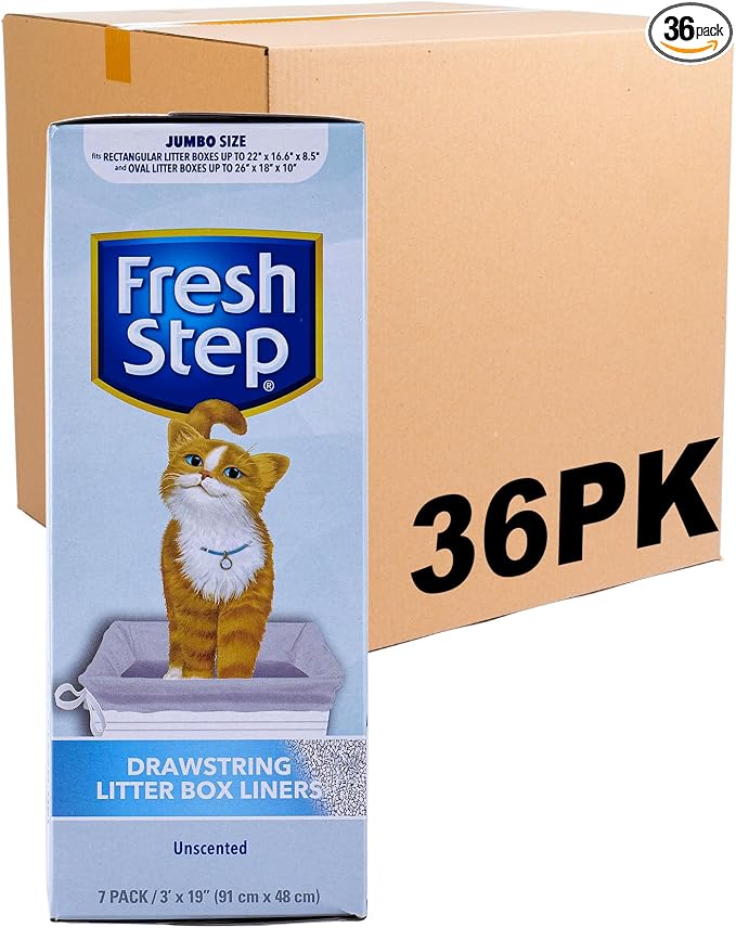 Fresh Step Jumbo Drawstring Cat Litter Box Liners Unscented Heavy Duty Kitty Litter Bags X-Large Oval or Rectangle Pans Contains Mess Easy Lift Out Cleanup 36 x 19 IN 7 Count 36 Pack