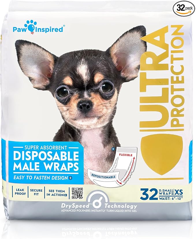 Paw Inspired Male Dog Wraps, Disposable Dog Diapers | Belly Bands for Small, Medium, Large Dogs (32 Count, Size X-Small)
